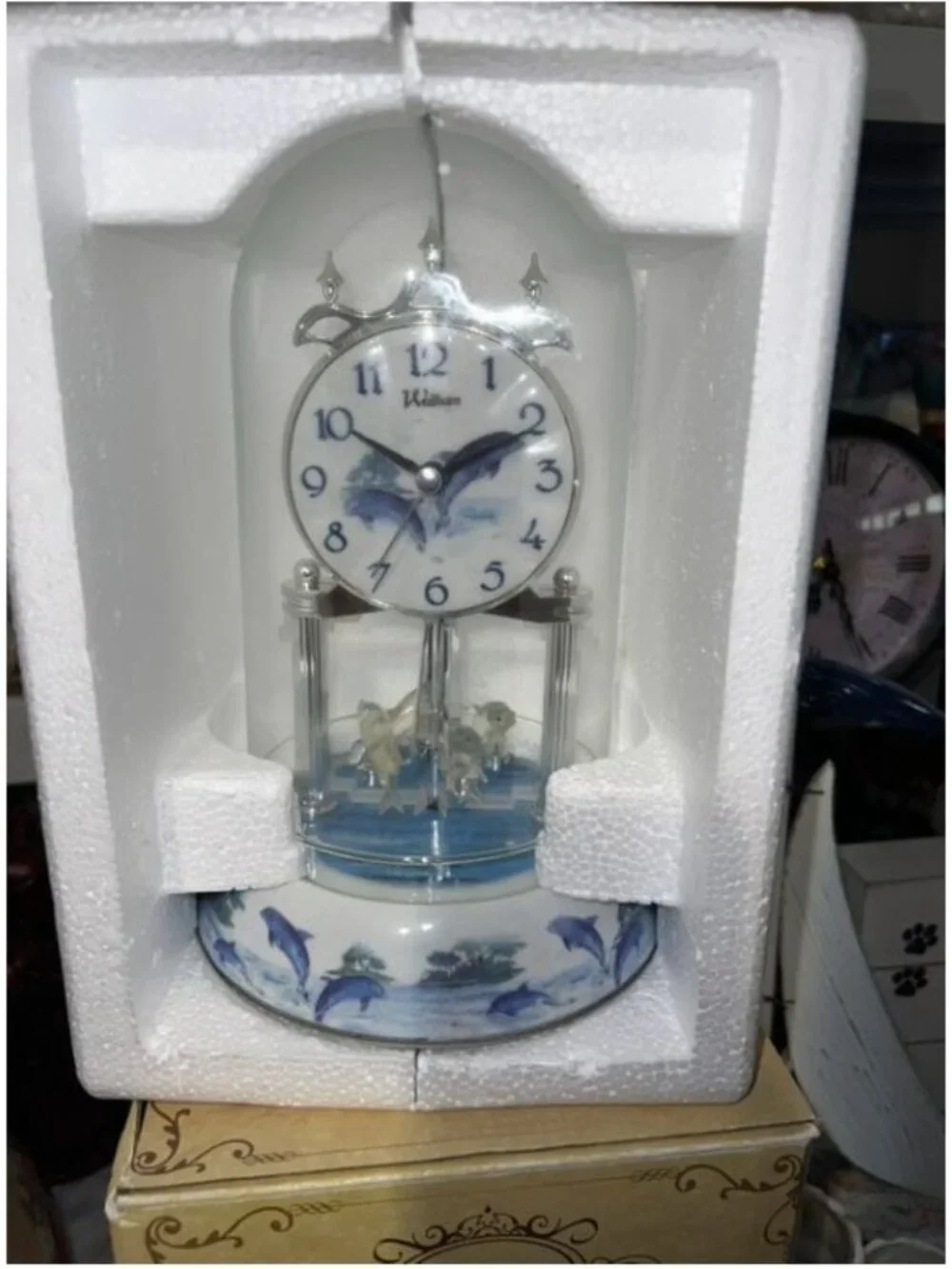 Waltham Dolphin Motif Anniversary Clock With Glass Dome